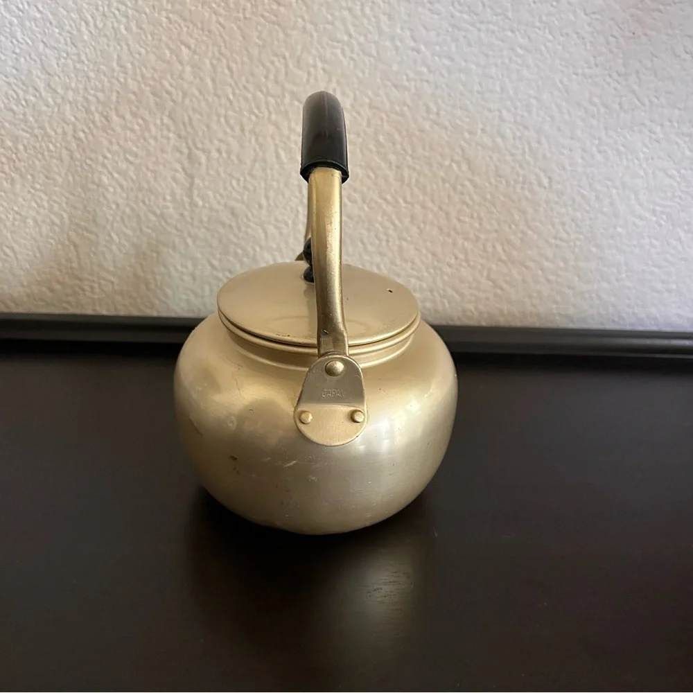 vintage gold-toned aluminum teapot with a black handle mid century modern 5” dia - Picture 2 of 10